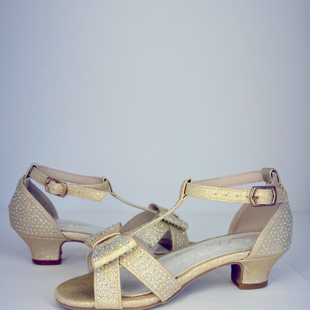 Girls' Gold Sparkle T-Strap Dress Shoes